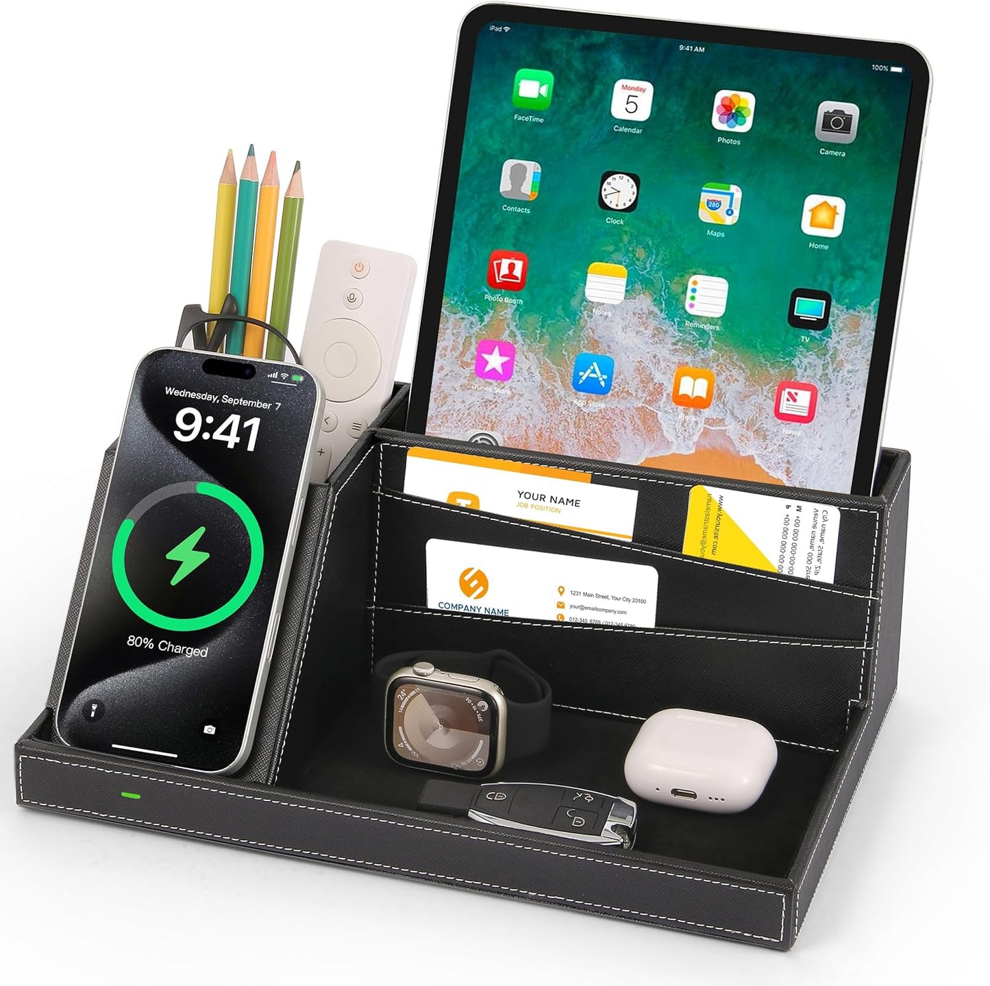 Fast Wireless Charging Station with Desk Organizer for iPhone 17/16/15/15 Pro/14/14 Pro Max/14 Pro/14 Plus/13/13 Pro Max/13 Pro/and iPhone 12/11 Series, Nightstand Desktop Organizer, Brown