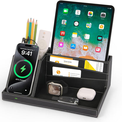 Fast Wireless Charging Station with Desk Organizer for iPhone 17/16/15/15 Pro/14/14 Pro Max/14 Pro/14 Plus/13/13 Pro Max/13 Pro/and iPhone 12/11 Series, Nightstand Desktop Organizer, Brown