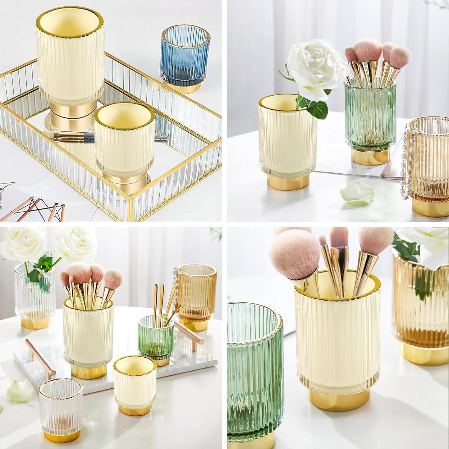 DASITON Makeup Brush holder Organizer,Crystal Cosmetic Makeup Brush Glass Brushes Storage Holder, Vintage Make Up Brush Cup Pen Pencil Holder striped vase(Coffee S)