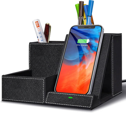 TopMade Wireless Charger with Desk Nightstand Organizer, Leather Pen Pencil Holder Bedside Fast Charging Station, for iphone Charging Stand Office Supplies Desk Accessories, Gifts for Men(Blue)
