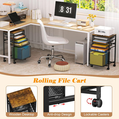 5-Tier Rolling File Cart Under Desk with Drawers, File Cabinet Organizer for Hanging File Folders, Letter-Size File Storage with Wheels, Multi-Layer Mobile Filing Cabinet for Under Desk Storage