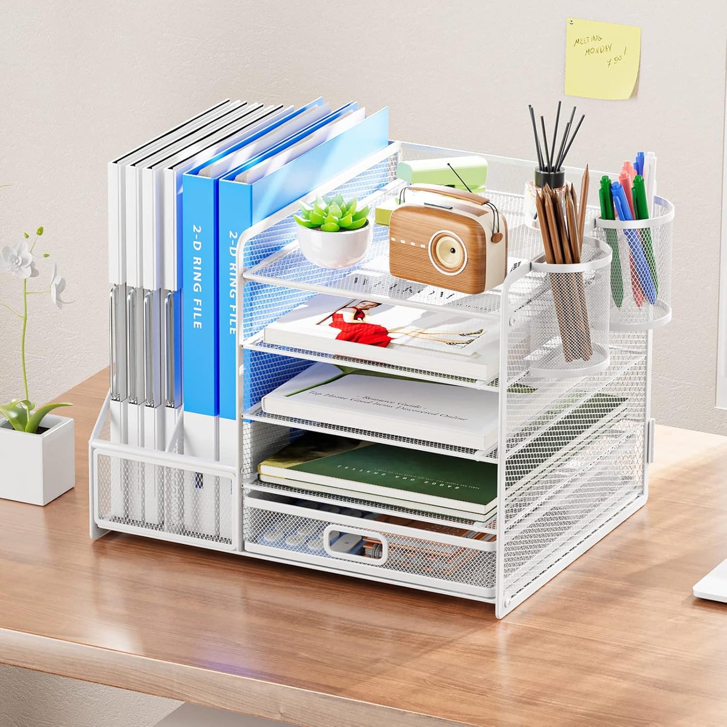 Marbrasse Desk Organizer with File Holder, 5-Tier Paper Letter Tray Organizer with Drawer and 2 Pen Holder, Mesh Desktop Organizer and Storage with Magazine Holder for Office Supplies(Black)