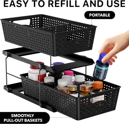 Simple Houseware 2 Tier Bathroom Organizer Tray Pull-Out Sliding Drawer, Under Sink Storage, Black