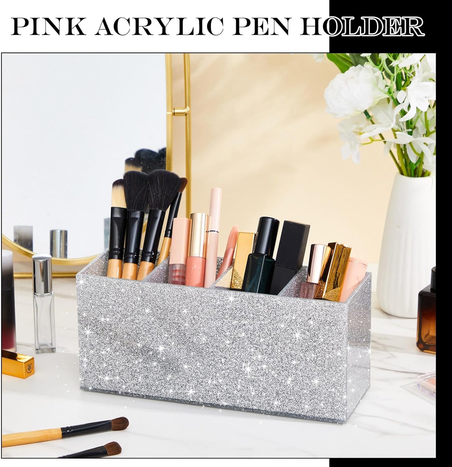 Jetec Acrylic Pen Holder 6 Compartments Makeup Brush Stationery Organizer Pencil Holder for Desk Accessories, Cosmetic Brushes, Dorm, Home, Bathroom, Kitchen, Office Supplies(Neon Pink)