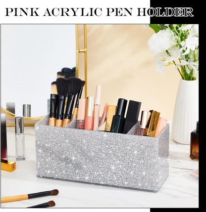 Jetec Acrylic Pen Holder 6 Compartments Makeup Brush Stationery Organizer Pencil Holder for Desk Accessories, Cosmetic Brushes, Dorm, Home, Bathroom, Kitchen, Office Supplies(Neon Pink)