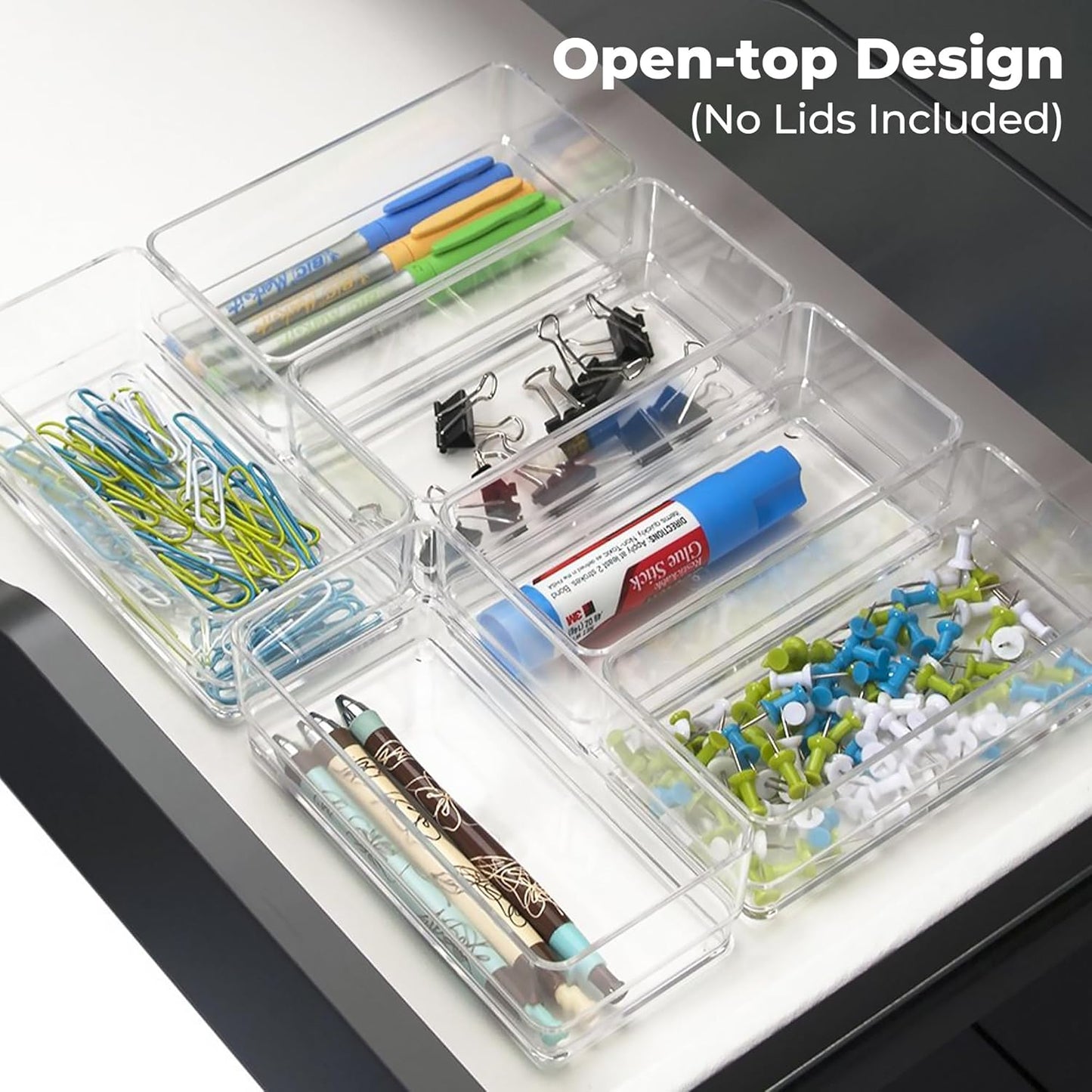 LotFancy Clear Drawer Organizers, 12” x 3” x 2”, Set of 3, Drawer Organizer Trays for Desk, Plastic Storage Bins for Bathroom, Makeup, Utensils, Stackable