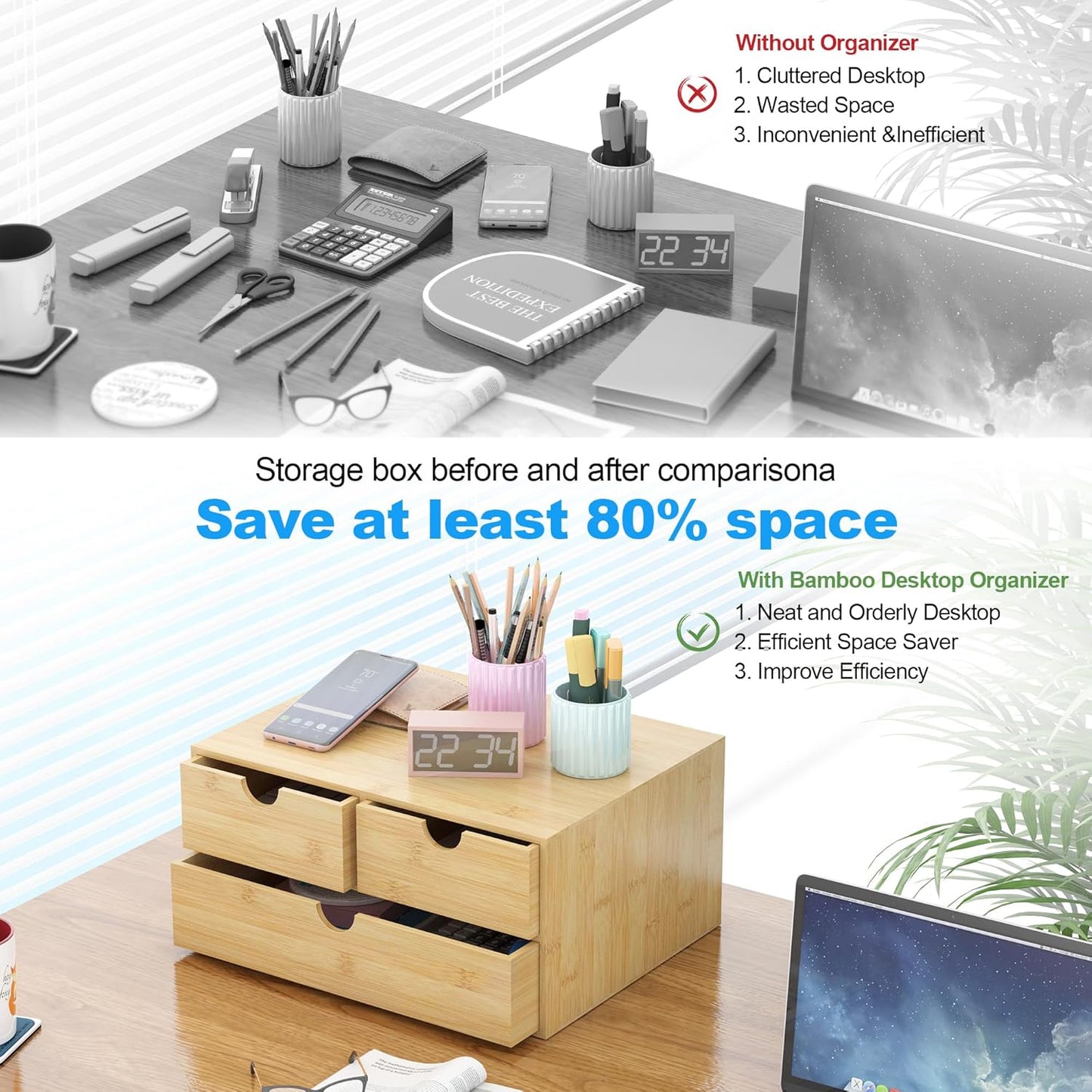 Wisuce Bamboo Desk Drawer Organizer, 3 Drawer Desktop Organizer with Drawers Tabletop Storage Organization Box for Office Home Toiletries Supplies Vanity, No Assembly Required