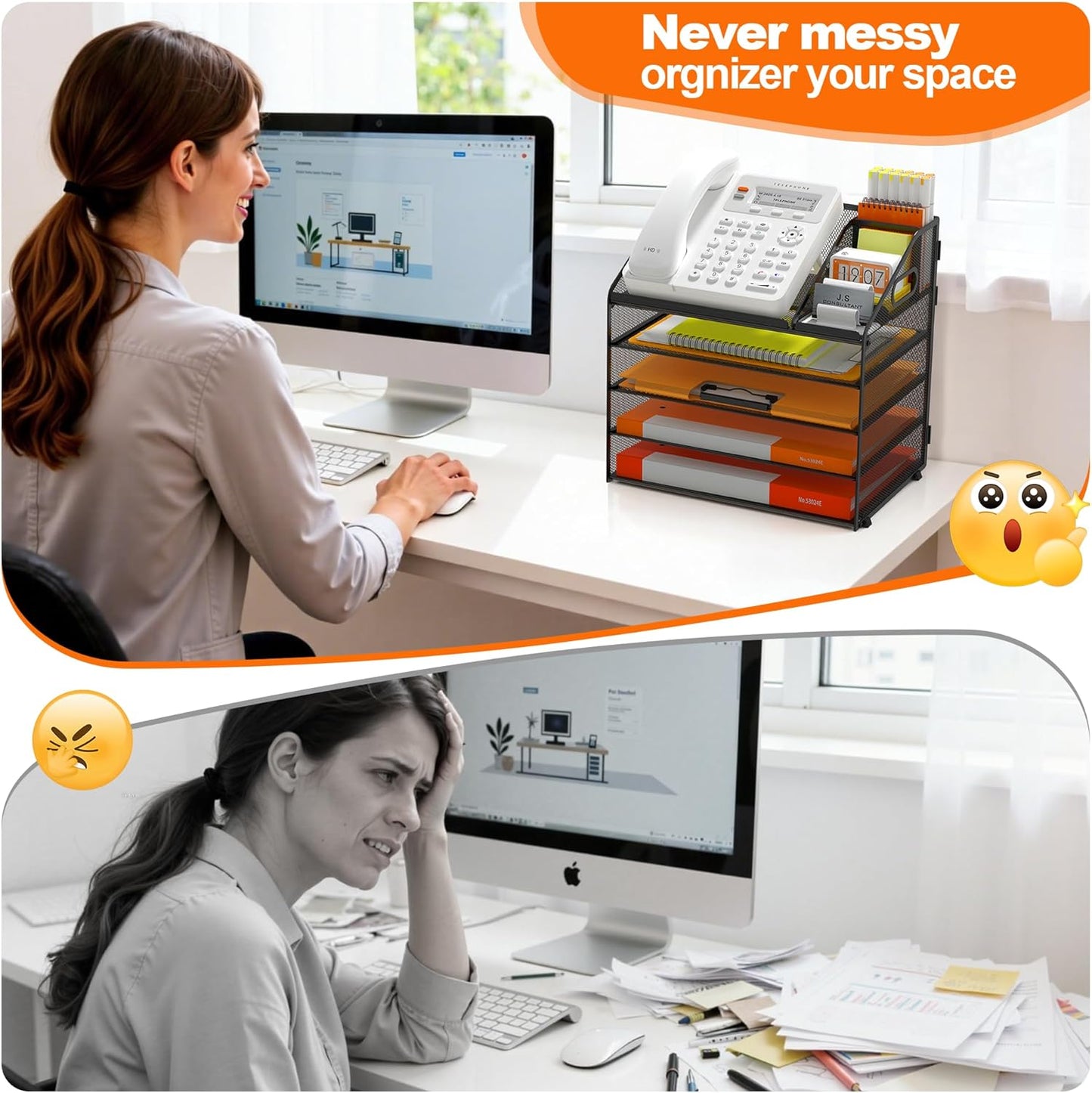 DocNest 4 Tier Metal Mesh Letter Tray - Space Saving Desk File Organizer with Handle, Pen Holder & Folder Holder - Desktop Document Sorter for Office, Home, School, Classroom - Black