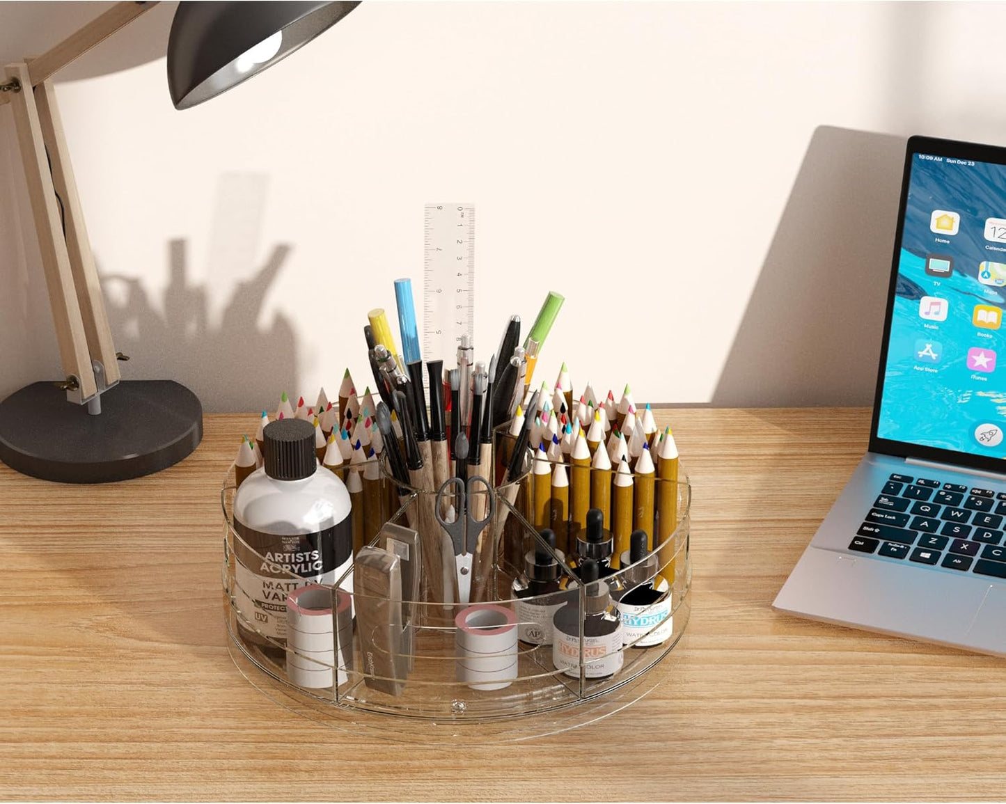 CraftGenes Rotating Desk Organizer, 360° Acrylic Pen Organizer for Desk with 7 Removable Compartments, Extra-Large Pen Holder for Office Supplies, Markers, and Art Supplies, Clear Pencil Holder