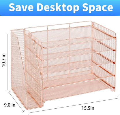 OPNICE Desk Organizer, 5-Tier Paper Organizer Letter Tray with Magazine Holder, Office Desk Accessories & Workspace Organizers, Desktop File Organizer for Office Supplies Storage, Black