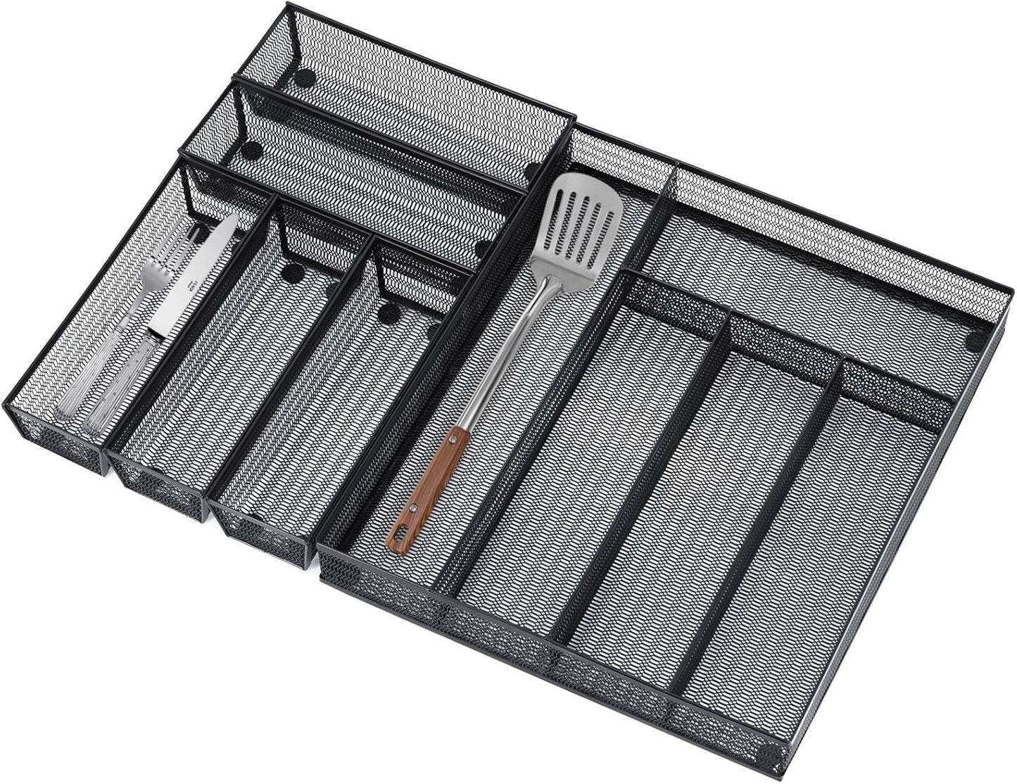 Neudeco Drawer Organizer Set 6 Pack - 5-Compartment Silverware Organizer Tray + 5 Utensil Trays, Kitchen Drawer Organizer for Flatware, Cutlery, Office Supplies, Black Mesh, Non-Slip.