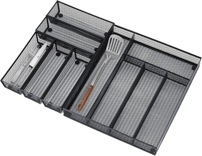 Neudeco Drawer Organizer Set 6 Pack - 5-Compartment Silverware Organizer Tray + 5 Utensil Trays, Kitchen Drawer Organizer for Flatware, Cutlery, Office Supplies, Black Mesh, Non-Slip.