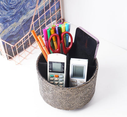lizimandu Round Leather Art Supply Organizer,Remote Control Holder,360 Degree Spinning,Multi-Functional Pencil Holder,4 Compartments Desktop Stationary Organizer(1-Gold) - Colors B