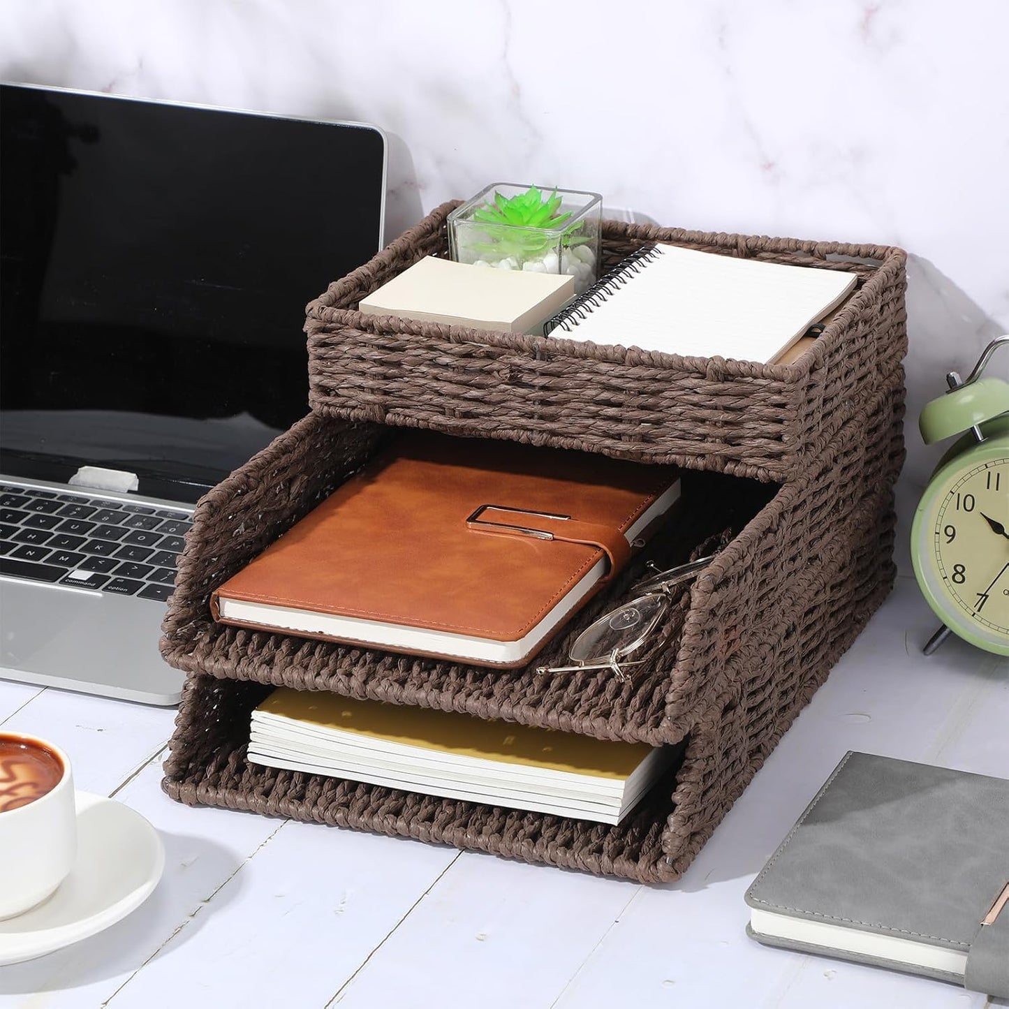Geelin 3 Pack Water Hyacinth Woven Stackable Desk Organizer Letter Tray, Brown Tabletop Desk Basket for Storage Paper Letter Folders Notebooks Copy Print, Workspace Holder