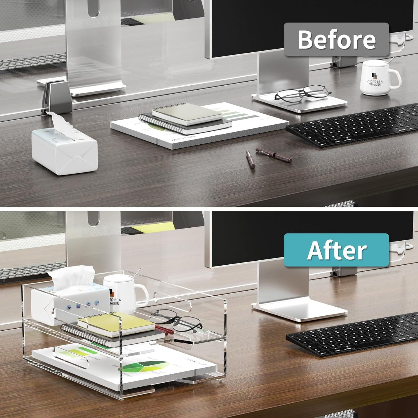 HIIMIEI Acrylic Paper Tray 2 Pack Clear Letter Tray Desk Stackable Organizer for School, Home, Office - Horizontal