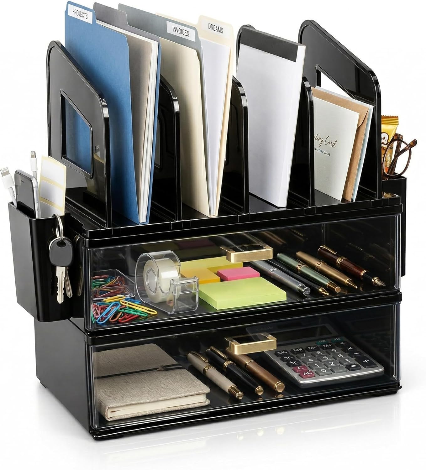 CiWiVOKi Desk Organizer with 2 Vertical File Holder, 4 Tier Stackable Paper Letter Tray File Organizer with 5-Compartments Pen Holder, Clear Desktop Organizer Office Organization and Storage