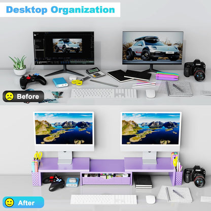 Spacrea Metal Desk Organizers and Accessories, Dual Monitor Stand Riser with Drawer and 2 Pen Holders, Book Racks, Desk Accessories & Workspace Desktop Organizers for Office Supplies (Black)