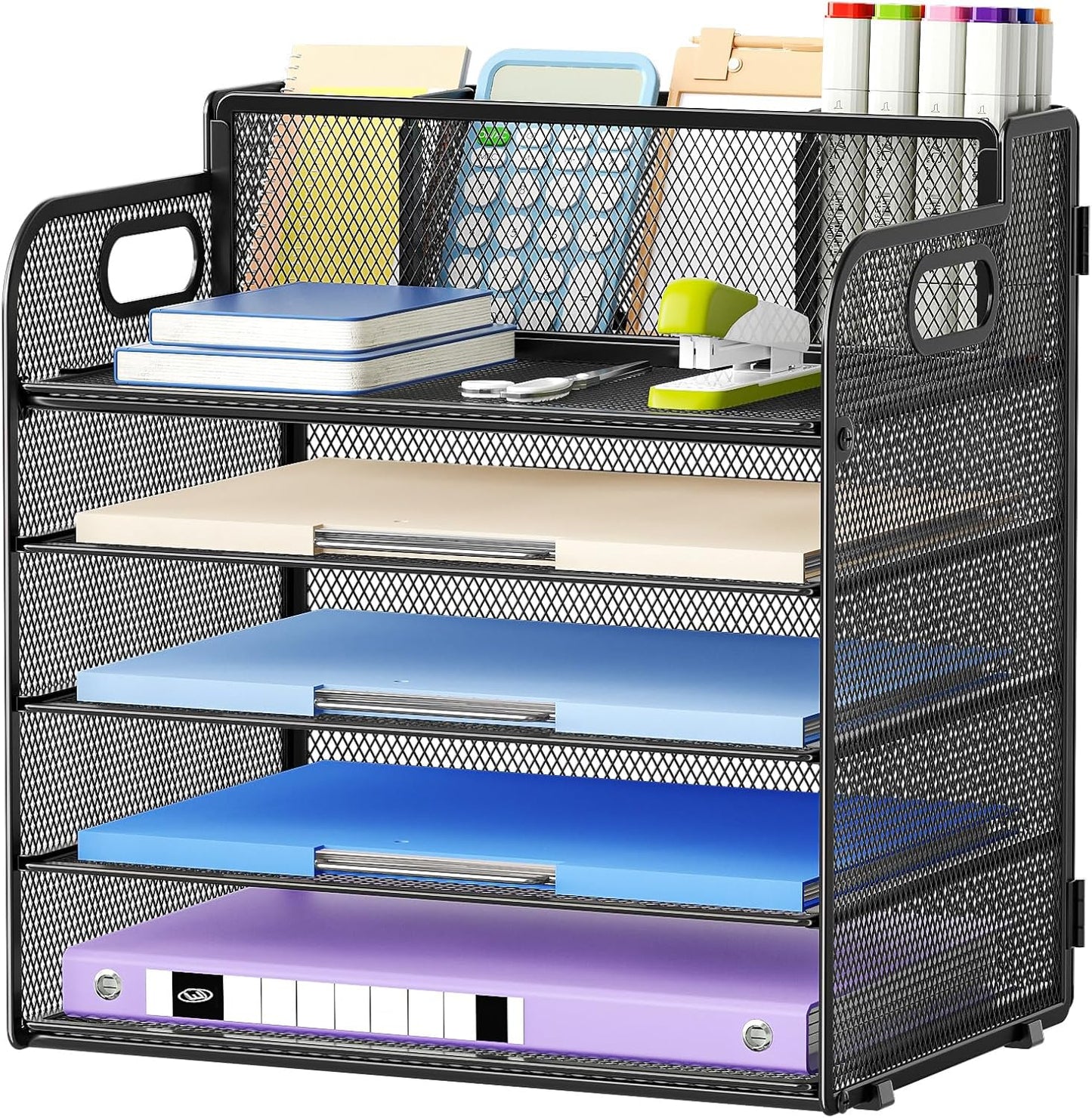 Marbrasse 5-Tier Letter Tray Paper Organizer with Handle, Multi-Functional Mesh File Organizer for Desk, Adjustable Compartments Mesh Desktop Storage for Office Supplies,Black