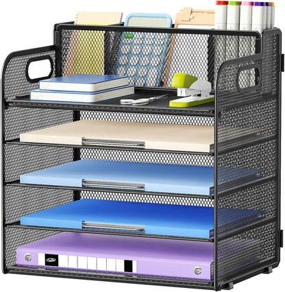 Marbrasse 5-Tier Letter Tray Paper Organizer with Handle, Multi-Functional Mesh File Organizer for Desk, Adjustable Compartments Mesh Desktop Storage for Office Supplies,Black