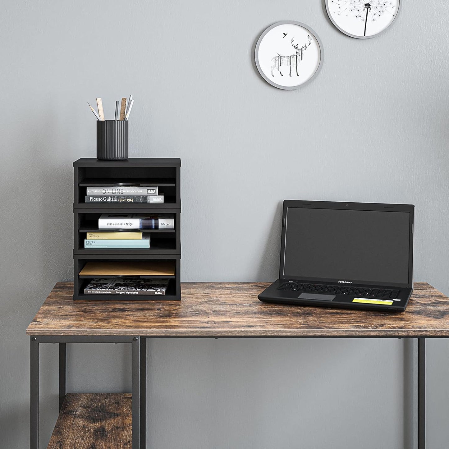 Ballucci File Organizer, 2-Tier Document Paper Sorter, Stackable Wood Desk Organizer Mail Holder, Monitor Stand with Storage Shelves, White