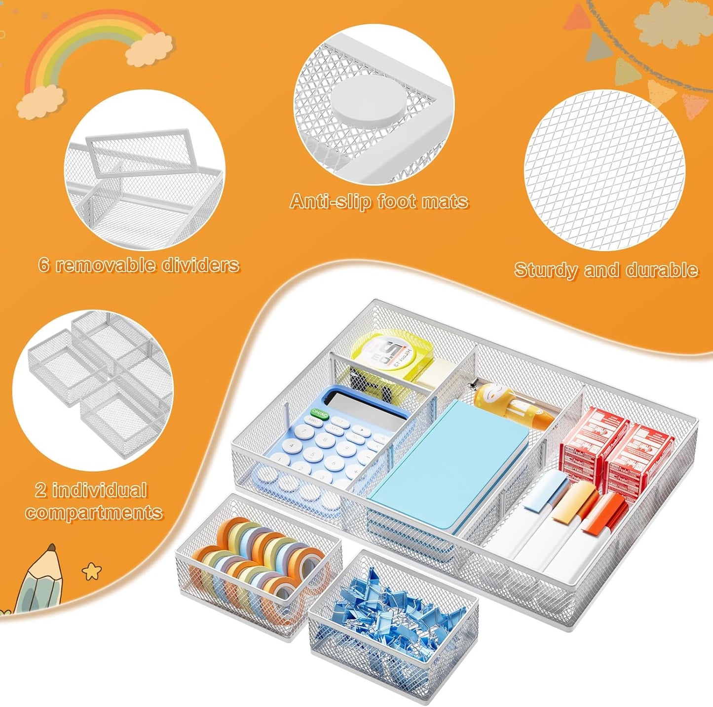 Marbrasse 3 Packs Desk Drawer Organizers, Metal Mesh Dividers Desk Drawer Organizer Tray with 9 Adjustable Compartments, Pen Organizer for Drawer Tray Box Accessories for Desktop,Kitchen, Makeup