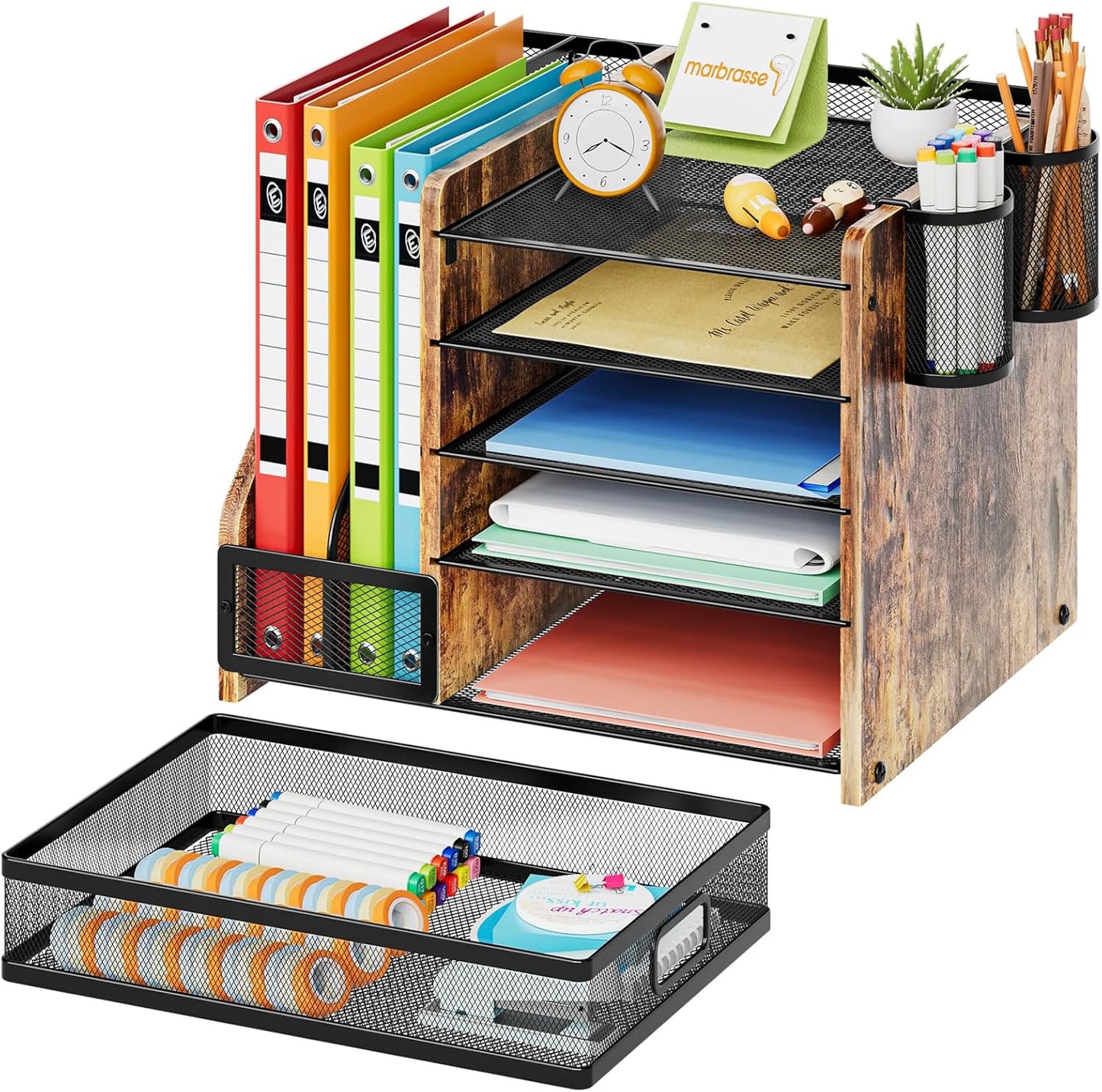 Marbrasse Desk Organizer with File Holder, 5-Tier Paper Letter Tray Organizer with Drawer and 2 Pen Holder, Mesh Desktop Organizer and Storage with Magazine Holder for Office Supplies(Black)