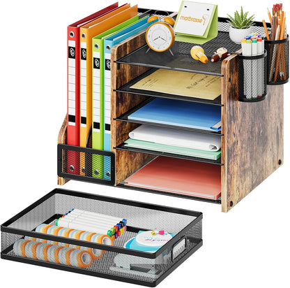Marbrasse Desk Organizer with File Holder, 5-Tier Paper Letter Tray Organizer with Drawer and 2 Pen Holder, Mesh Desktop Organizer and Storage with Magazine Holder for Office Supplies(Black)