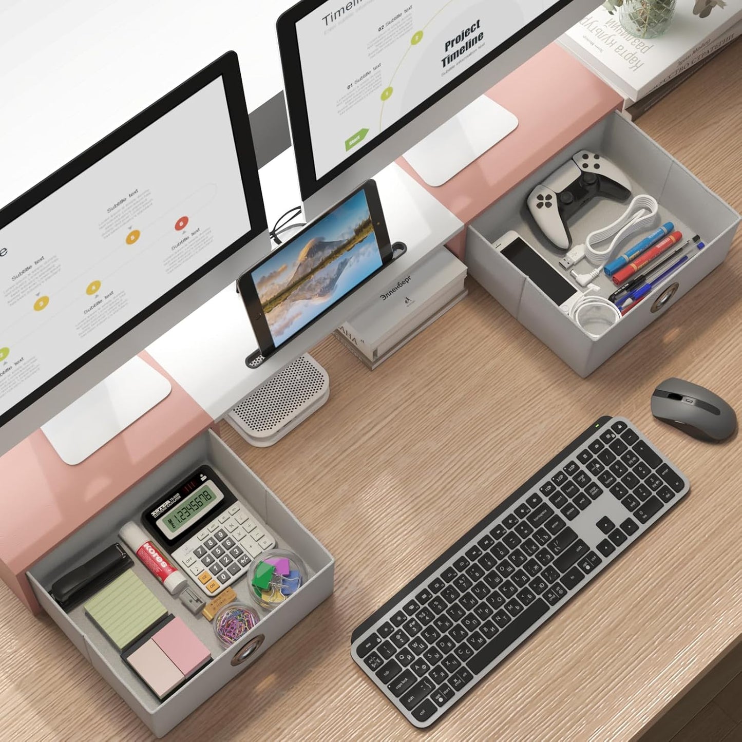 WESTREE Dual Monitor Stand Riser with Two Drawers, Extra Large Storage for 2 Monitors, Desktop Oraganizer Computer,Laptop,Screen,Printer,TV