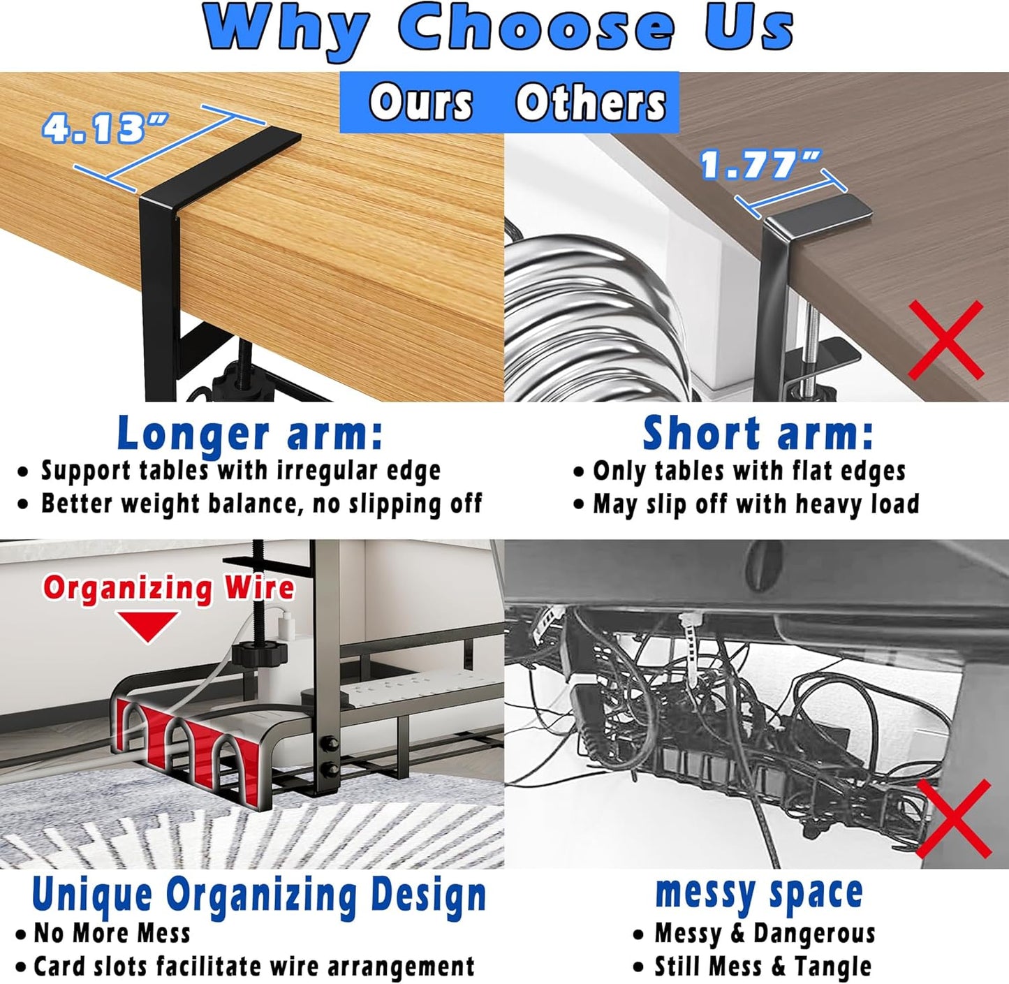Sleclean Under Desk Cable Management Tray, 2 Pack, 16.6"x4.7" Steel Cable Organizers With Upgraded Long Arm Clamp, No Drill Wire Management for Home - No Damage to Desk