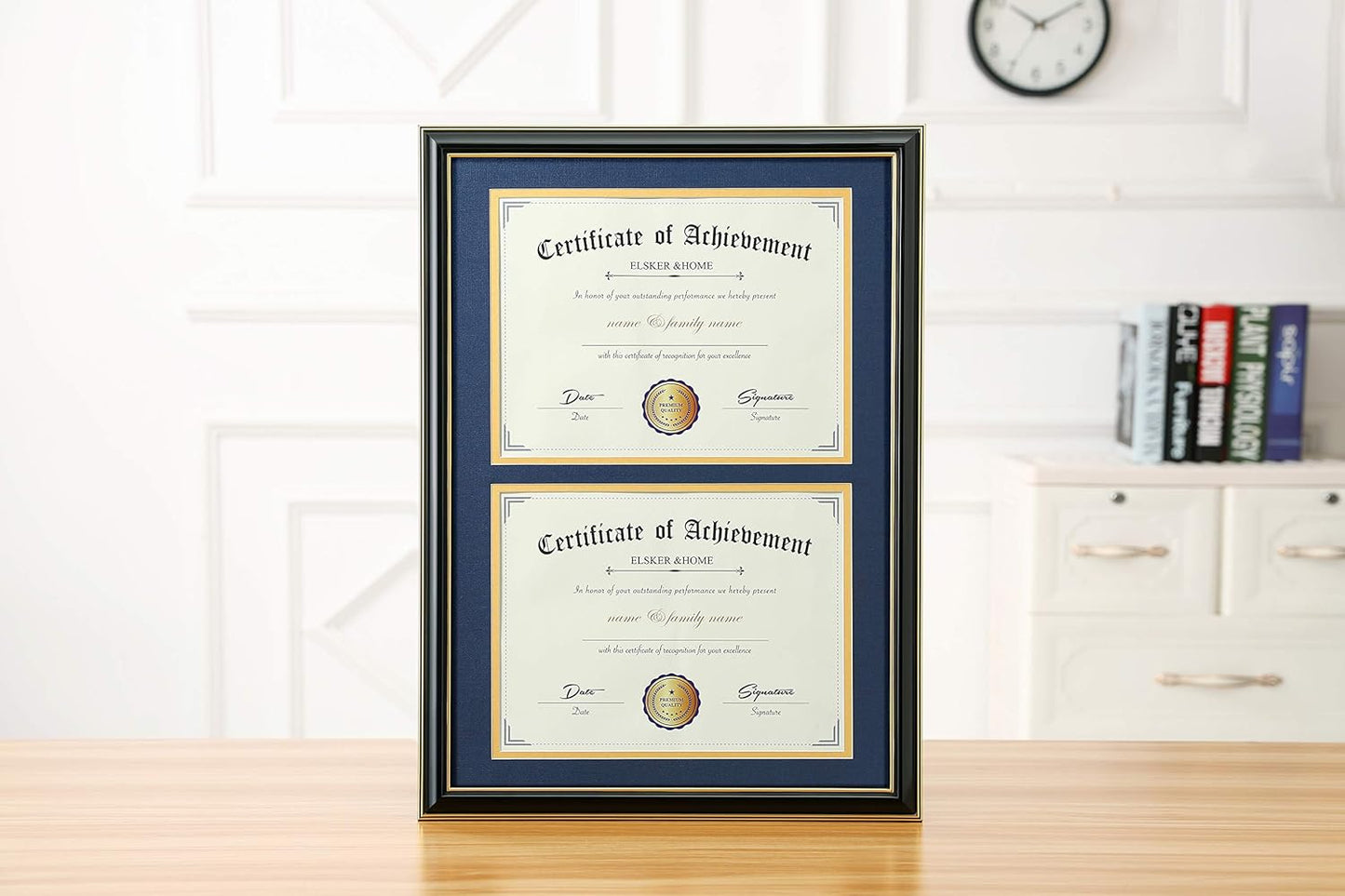 ELSKER&HOME Diploma Frame - Wide Solid Wood Frame - Black Velvet Golden Rim Mat - Semi-Tempered Glass - Includes Hanging Hardware and Desktop Easel(ONLY Display 11×14 Document/Certificate)