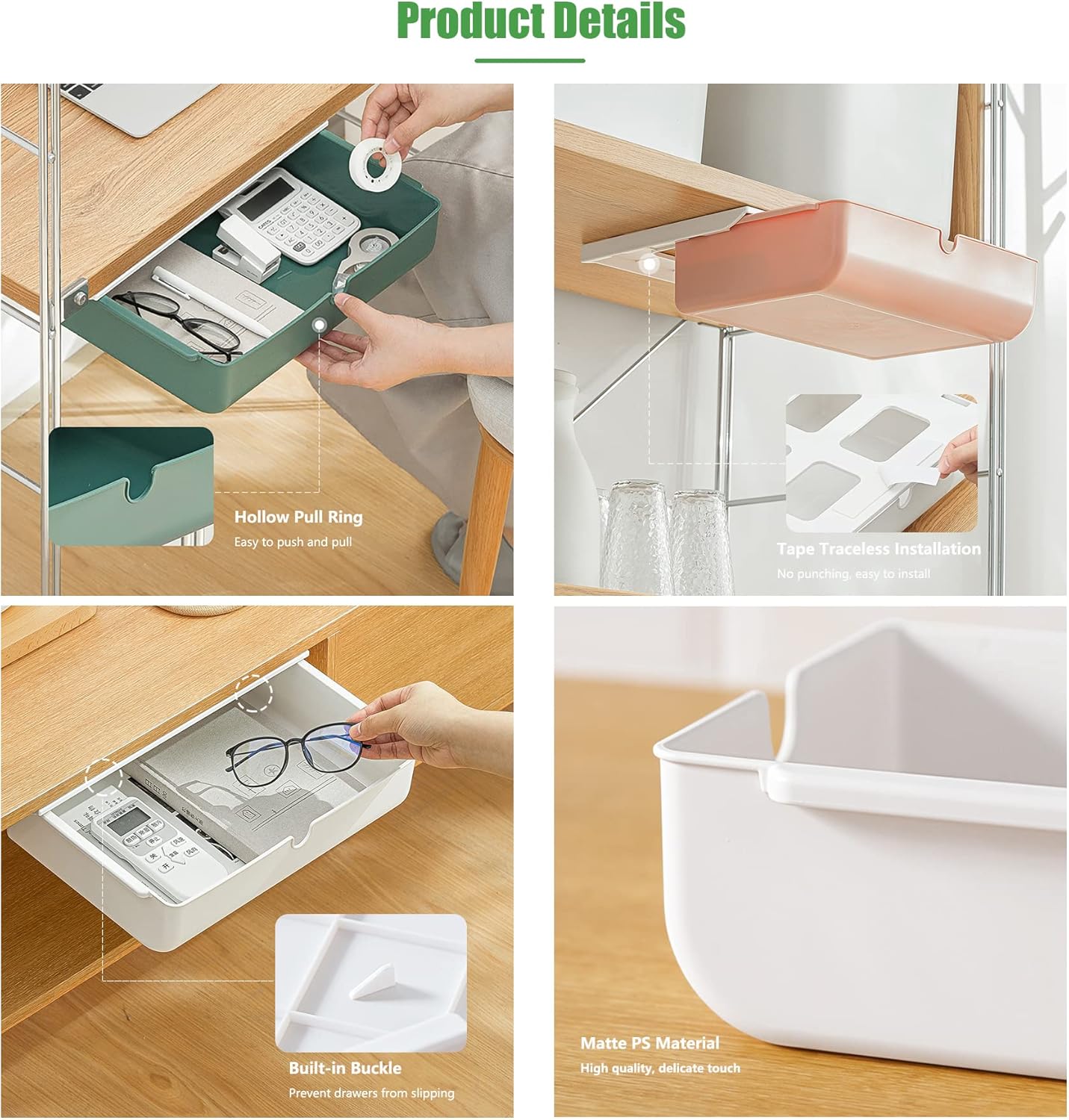 Under Desk Drawer, 2 Pack Large and Medium Hidden Self-Adhesive Under Desk Organisers for Storage of Cutlery, Office Supplies, Stationery and Cosmetics (White-2)