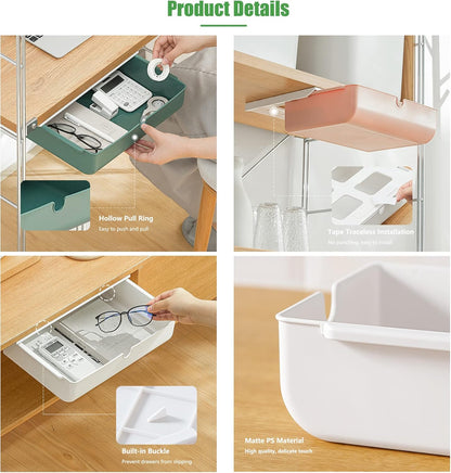 Under Desk Drawer, 2 Pack Large and Medium Hidden Self-Adhesive Under Desk Organisers for Storage of Cutlery, Office Supplies, Stationery and Cosmetics (White-2)