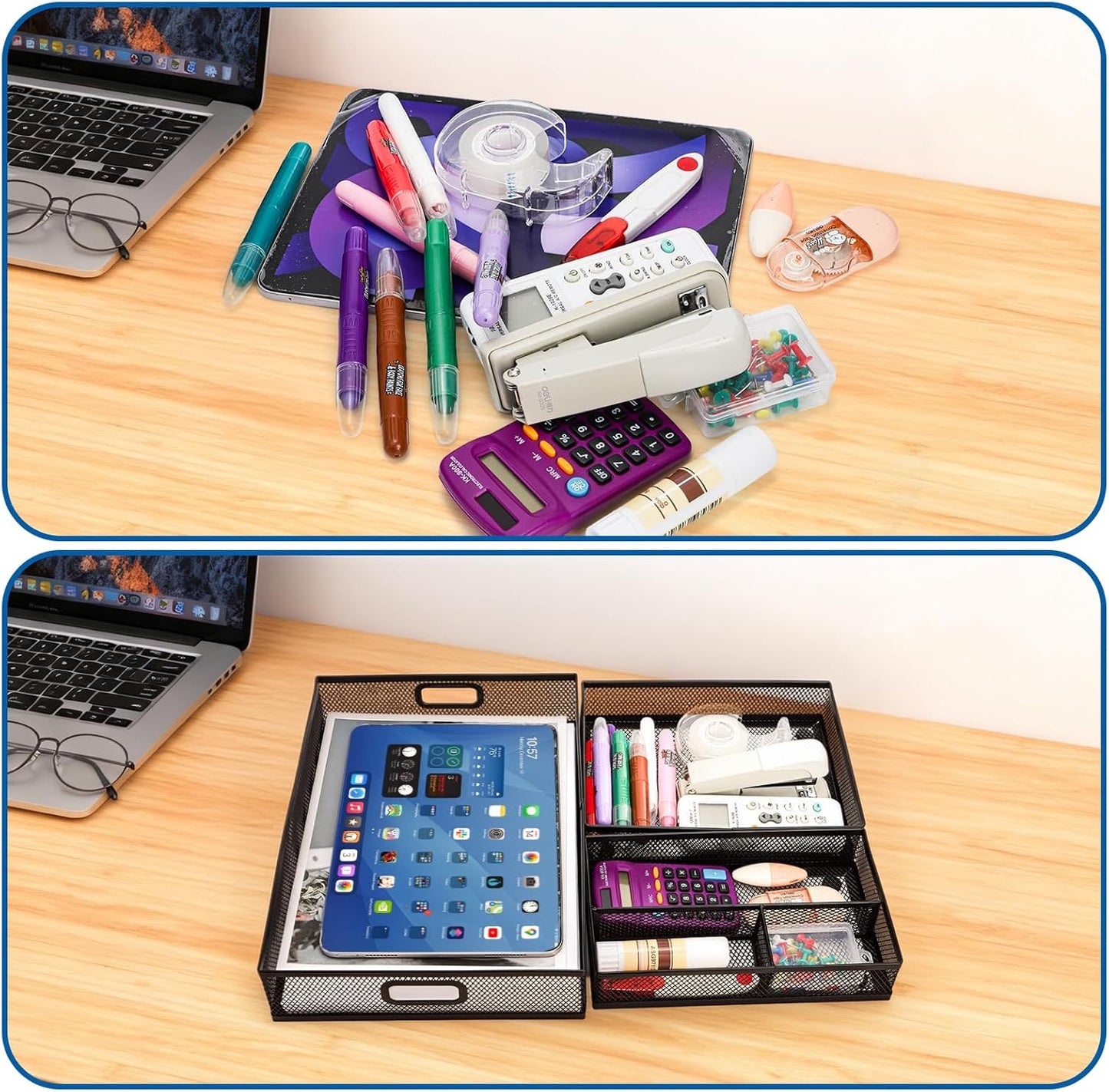 Noamus 3 Pack Office Drawer Organizer, Desk Drawer Divider Tray, Metal Mesh Desktop Basket, 6 Compartments Pen Storage Box for Makeup, Stationery, Office Supplies & Accessories, Kitchen(Black,3 Size)