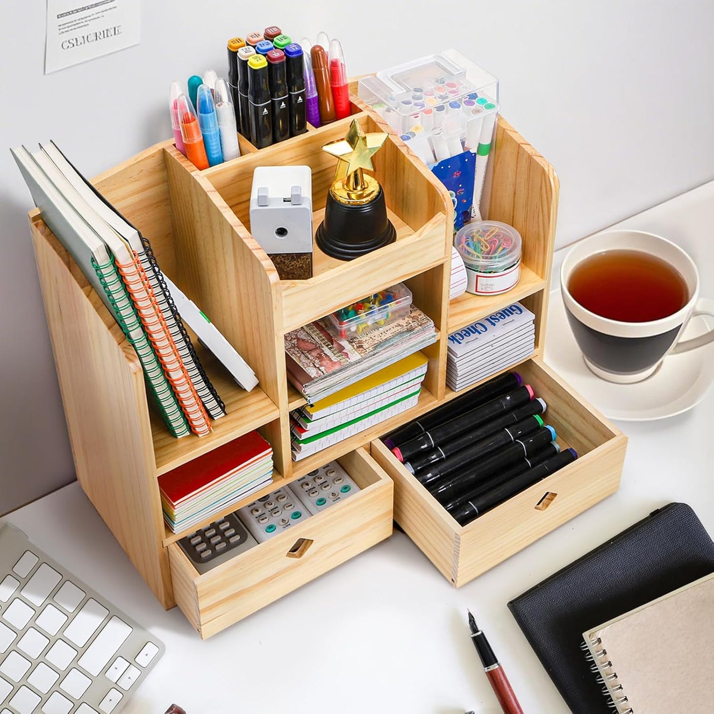 Wooden Desk Organizer with Drawers, Large Countertop Office Supplies Accessories Organization with 10 Compartments, Multifunctional Storage Box Makeup Storage Shelf Rack for Home, Office