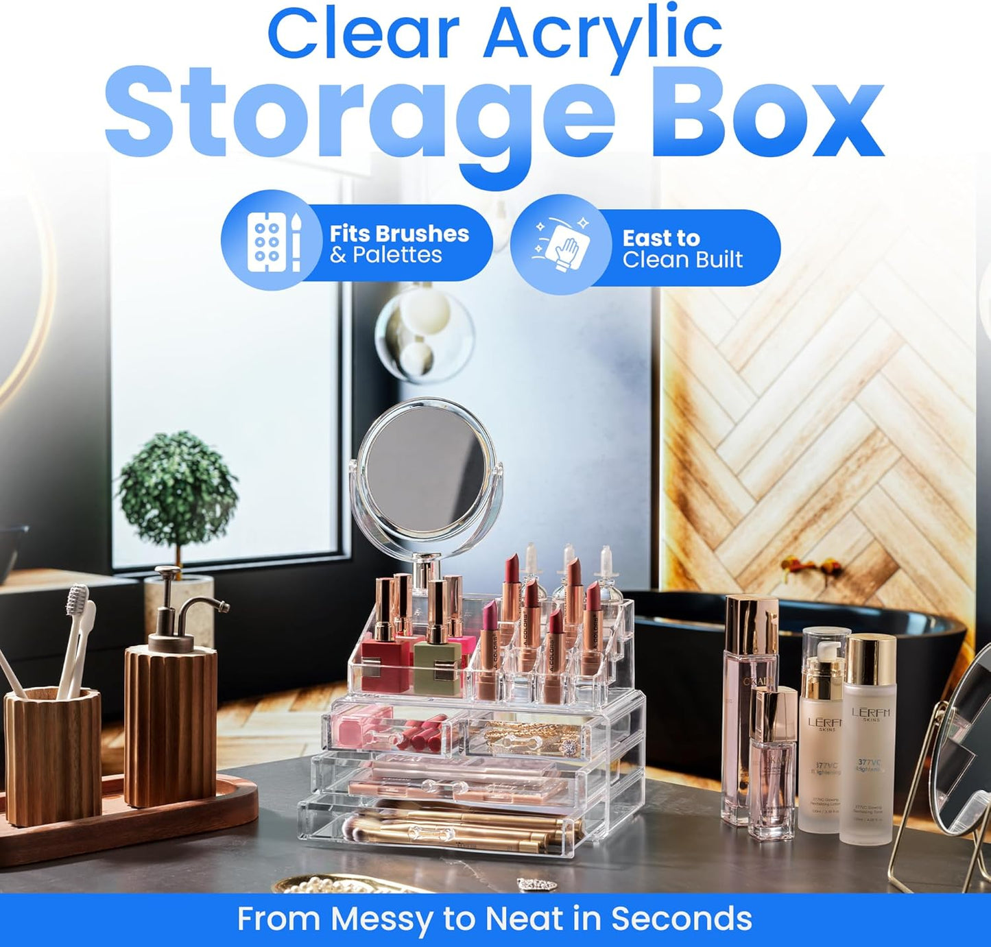 Masirs Clear Makeup Organizer - 16-Compartment Cosmetic and Jewelry Holder with 4 Drawers - Vanity Storage Box for Makeup, Skincare, Accessories, and Jewelry Display