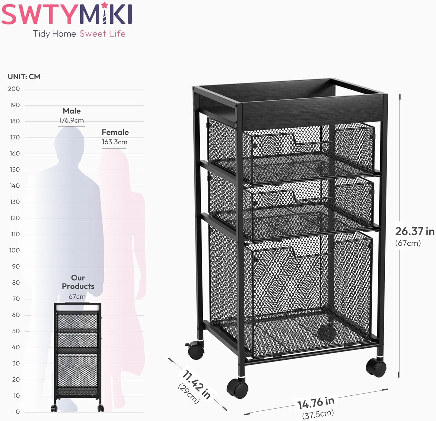 SWTYMIKI Rolling File Cart with Drawers - 4 Tier Under Desk Storage Craft Rolling Organizer Cart - Office Storage &Organization, Mobile Metal Filing Cabinet for Office and Home Espresso