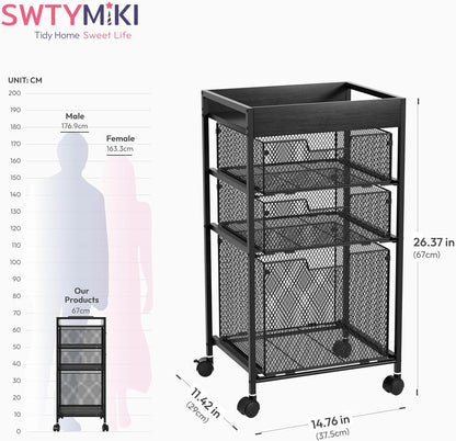 SWTYMIKI Rolling File Cart with Drawers - 4 Tier Under Desk Storage Craft Rolling Organizer Cart - Office Storage &Organization, Mobile Metal Filing Cabinet for Office and Home Espresso