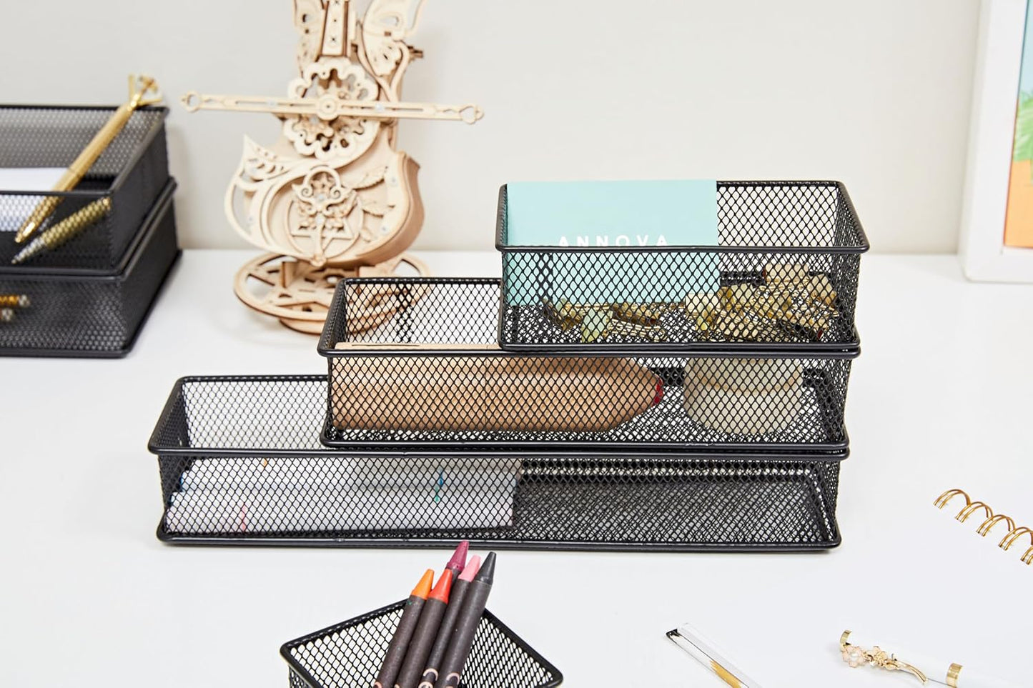 Annova Stackable Mesh Drawer Cabinet and Shelf Organizer Bins Storage Basket School Office Supply Holder Tray- Set of 2 (Gold, 3x3x2 Inch)