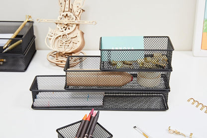 Annova Stackable Mesh Drawer Cabinet and Shelf Organizer Bins Storage Basket School Office Supply Holder Tray- Set of 2 (Gold, 3x3x2 Inch)