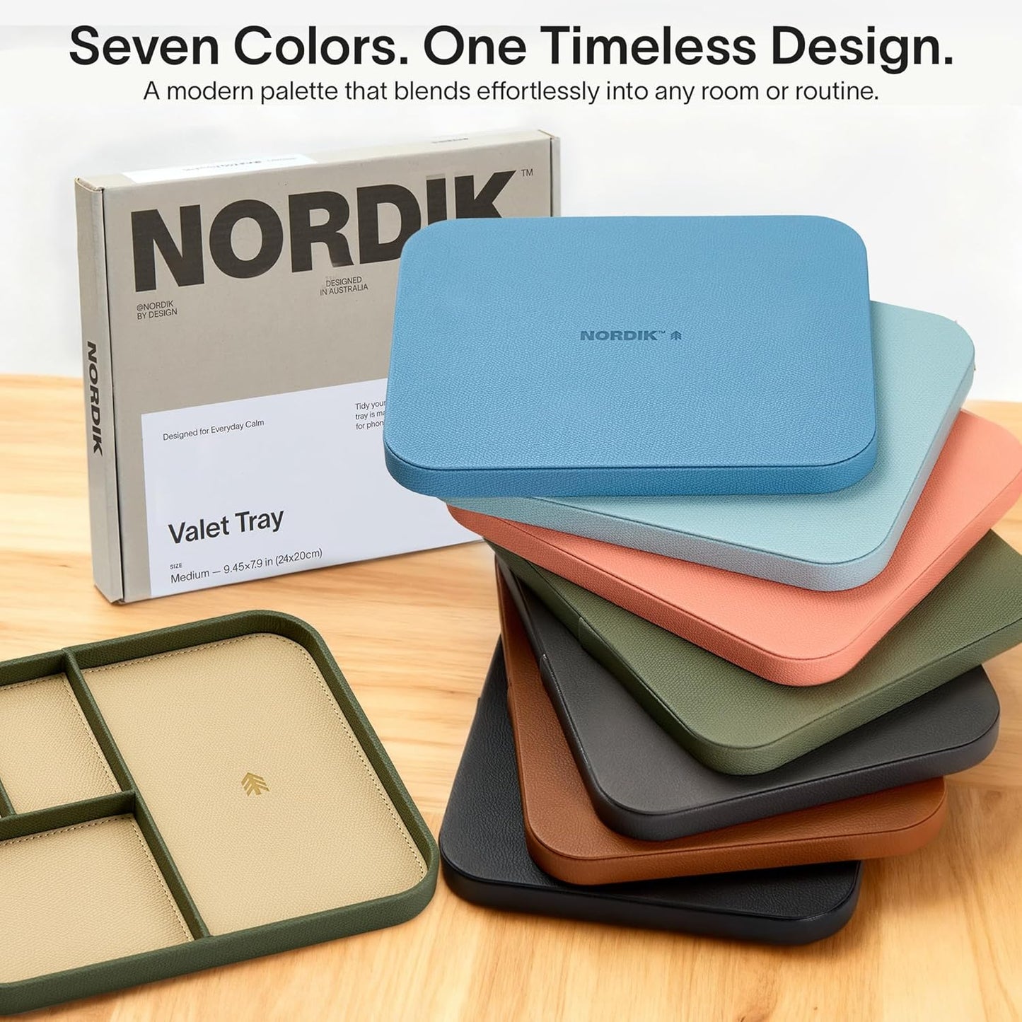 Nordik Leather Valet Tray - Pebble Black - 9.5 x 7.9 Inch Medium Vegan Leather Tray - Stylish Nightstand Organizer for Men - Modern Bedside Caddy - EDC Catchall for Key Watch Wallet Jewellery