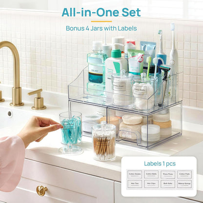 Vtopmart 6 PCS Bathroom Countertop Organizer, 1 Divided Tray with 4 Qtip Holder Jars and 1 Drawers, Restroom Clear Organizers for Toothbrush, Cotton Pads, Vanity Accessories Storage Set