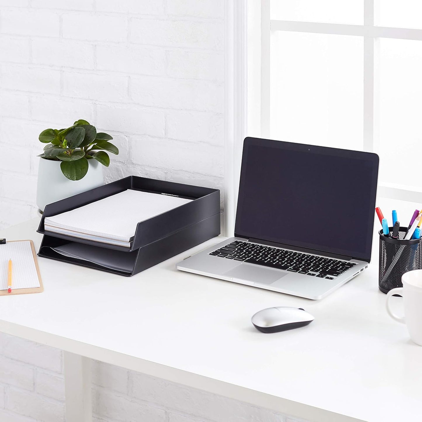 Amazon Basics Rectangular Plastic Desk Organizer, Letter Tray for Documents and Office Supplies, File Storage, Black, 12-Pack