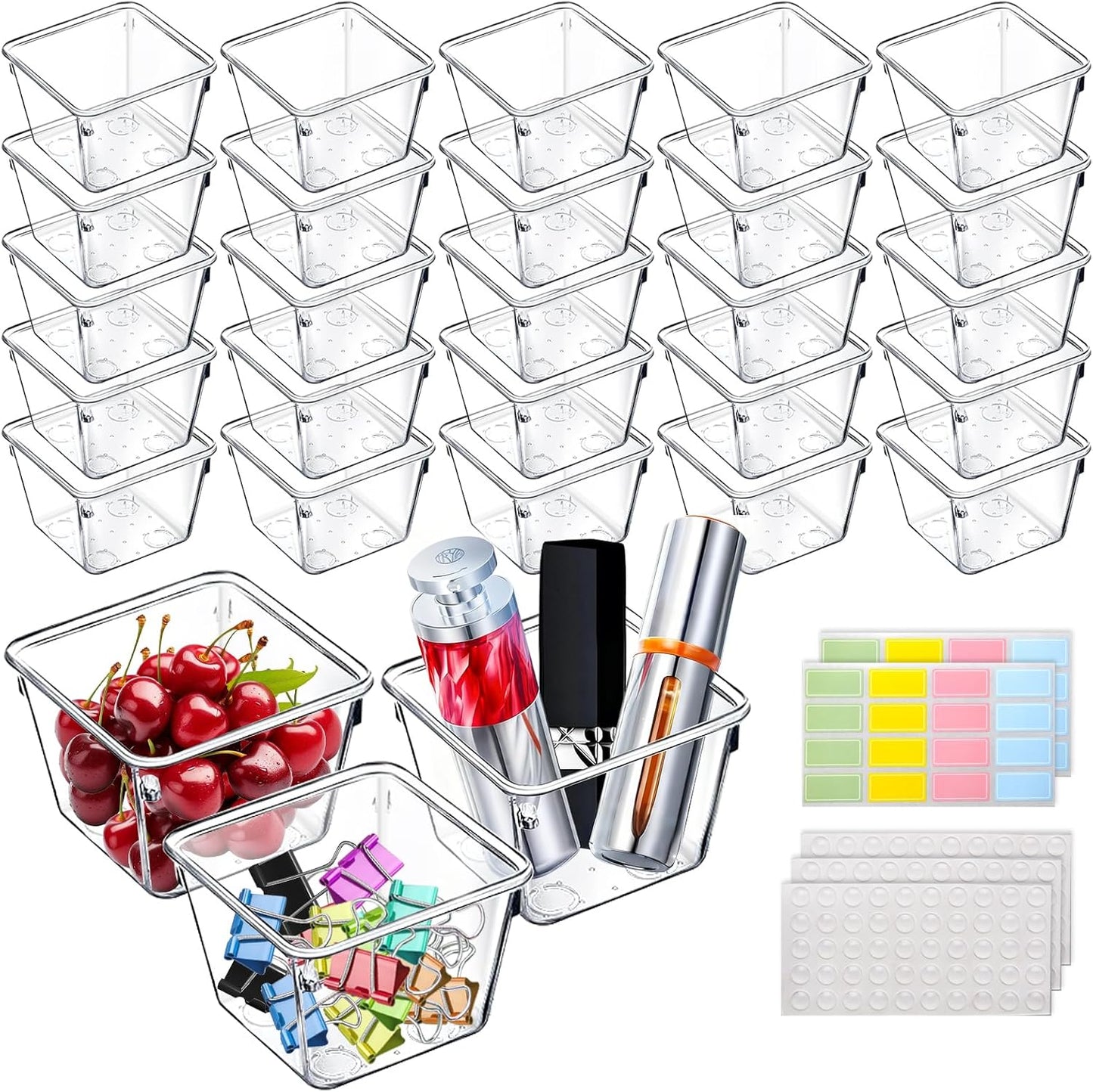 25 Pcs Clear Drawer Organizers 3 x 3 x 2 Inch Stackable Makeup Storage Bins Clear Container Dividers Small Vanity Desk Drawer Organizers for Kitchen Bedroom Office