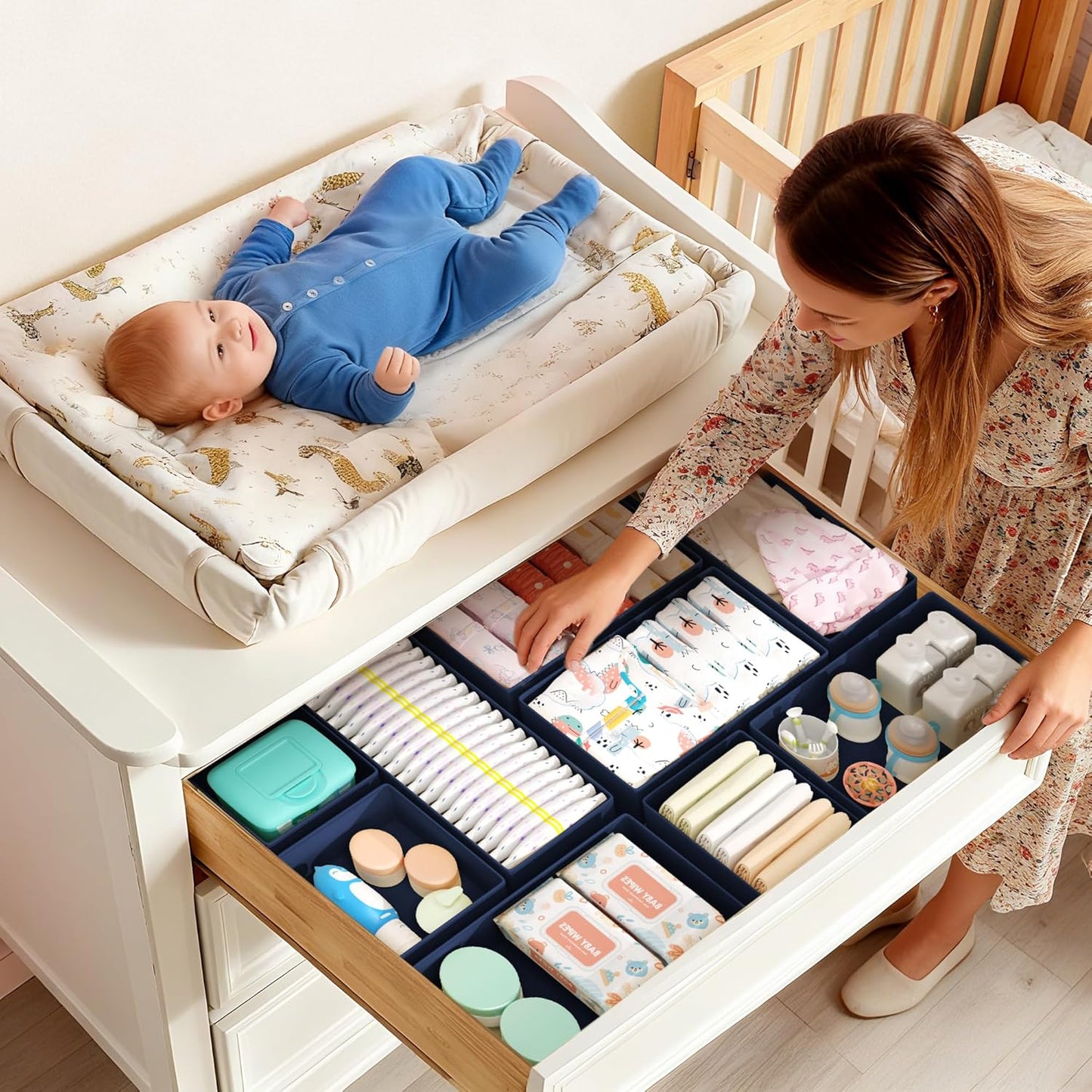DIMJ Drawer Organizers Clothes, Dresser Organizer Bins for Baby Clothes,Underwear and Sock, Fabric Closet Organization and Storage Boxs, Drawer Dividers for Nursery, Clothing, Tie - 4 Pack, Beige