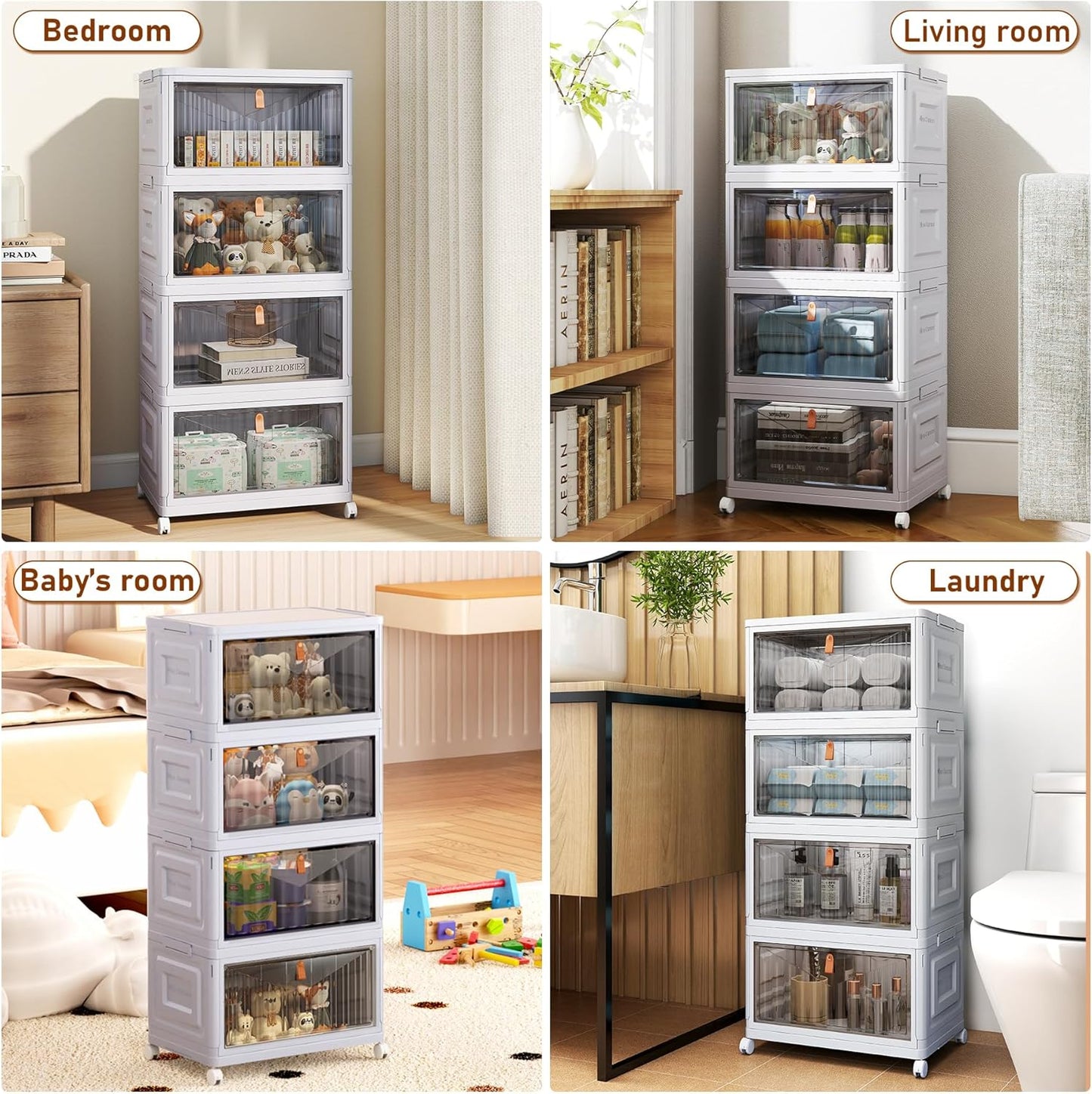 4 Tier Storage Bins with Lids, 23QT Stackable Closet Organizers and Storage with Wheels, Collapsible Storage Boxes, Foldable Plastic Storage Containers for Home,Office, Dorm Room-White