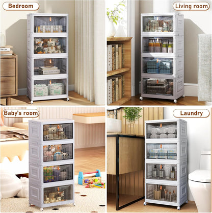 4 Tier Storage Bins with Lids, 23QT Stackable Closet Organizers and Storage with Wheels, Collapsible Storage Boxes, Foldable Plastic Storage Containers for Home,Office, Dorm Room-White