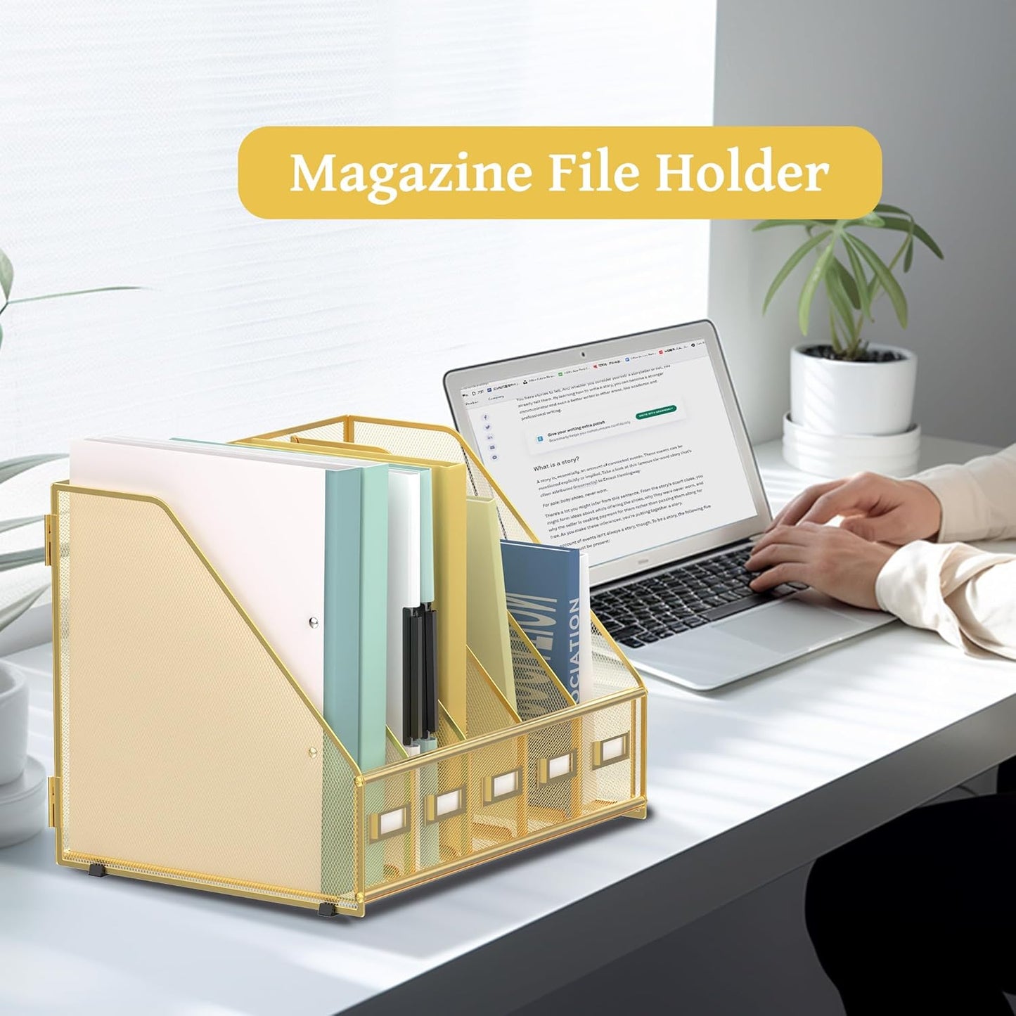 SUPEASY Desk Organizers Metal Desk Magazine File Holder with 5 Vertical Compartments Rack File Organizer for Office Desktop, Classroom, Home Workspace, Black