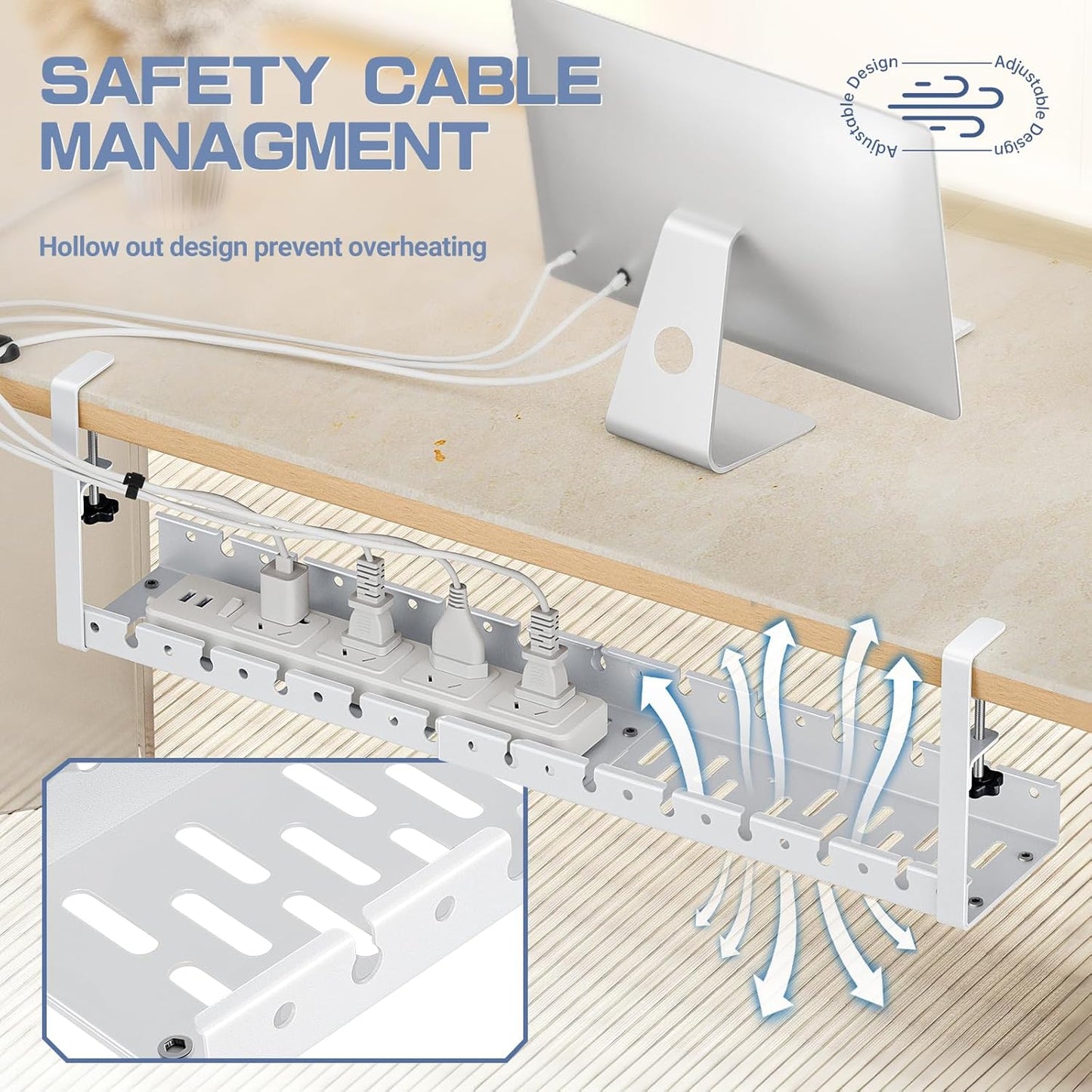Shikha Cable Management Under Desk, 15.7"-31" Retractable Cable Management Tray, No Drilling Cord Organizer with Clamp for Desk, Under Table Wire Management Tray for Home Office -White