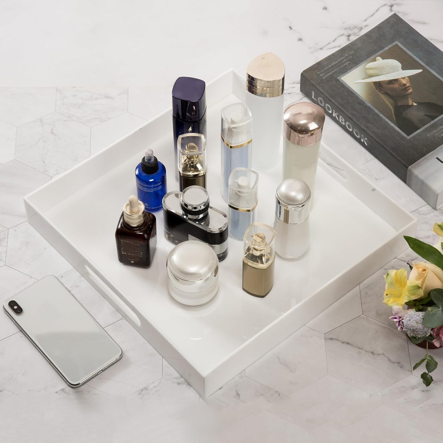 KEVLANG Clear Sturdy Acrylic Serving Tray with Handles-12x16Inch-Serving Coffee,Appetizer,Breakfast,Butler-Kitchen Countertop -Makeup Drawer Organizer-Vanity Table -Ottoman