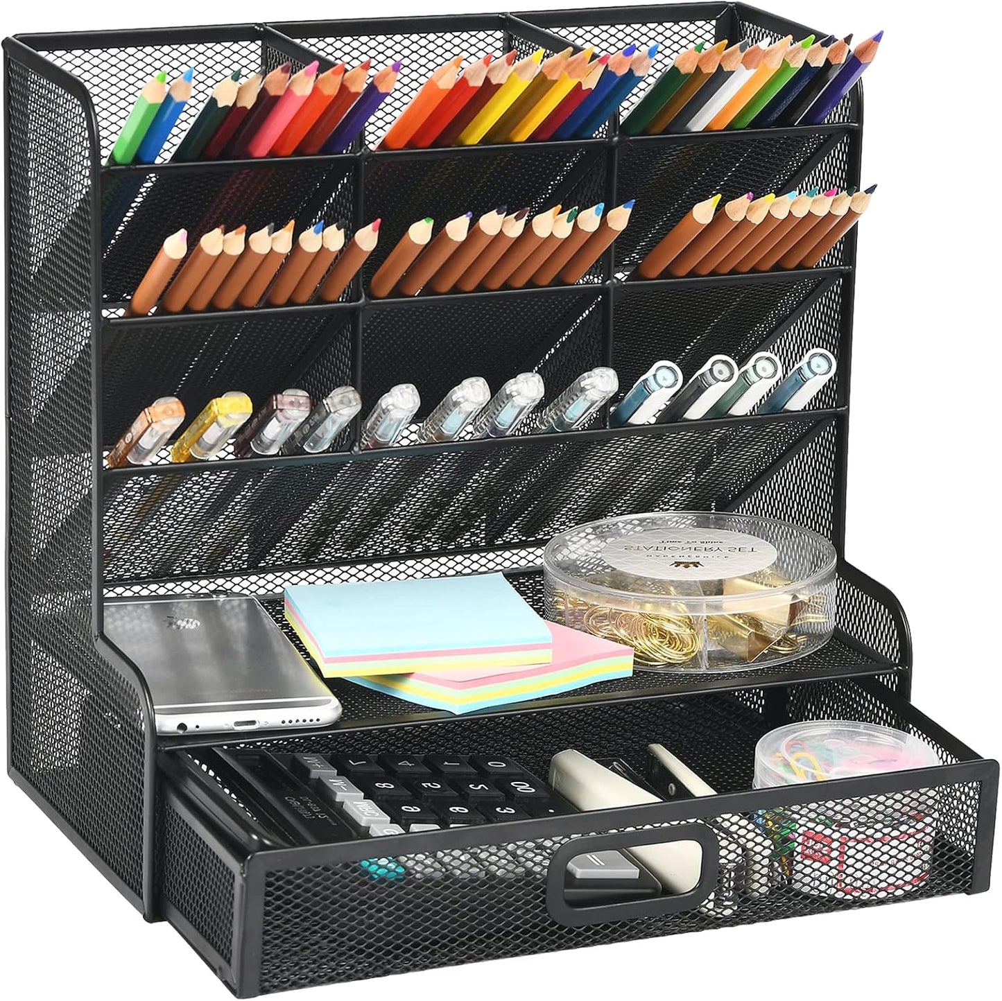 Marbrasse Mesh Pen Holder for Desk, Multi-Functional Pencil Organizer with Drawer, Desk Organizers and Accessories for Office Art Supplies (Black)